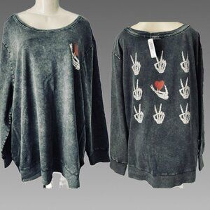 Lovesick +6 Black Washed-Out Skeleton Hands-Heart Graphic Long Sleeve Sweatshirt